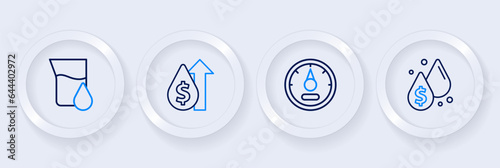 Set line Oil drop with dollar symbol, Motor gas gauge, price increase and petrol test tube icon. Vector