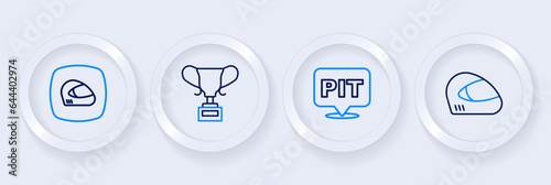 Set line Racing helmet, Pit stop, Award cup and icon. Vector