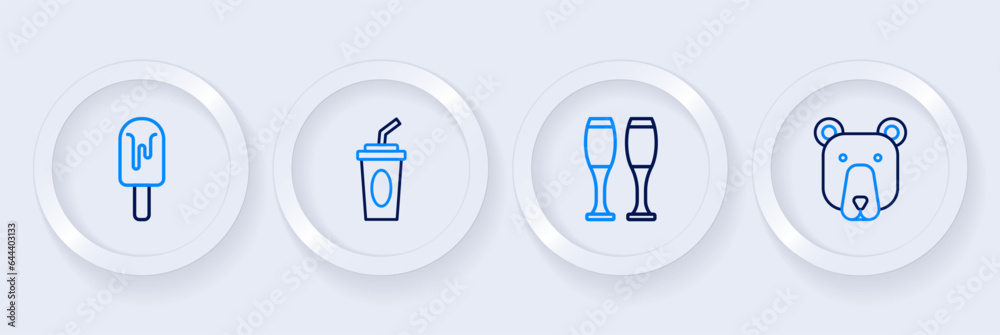 Set line Bear head, Bowling pin, Paper glass with water and Ice cream icon. Vector Set line Bear head, Bowling pin, Paper glass with water and Ice cream icon. Vector