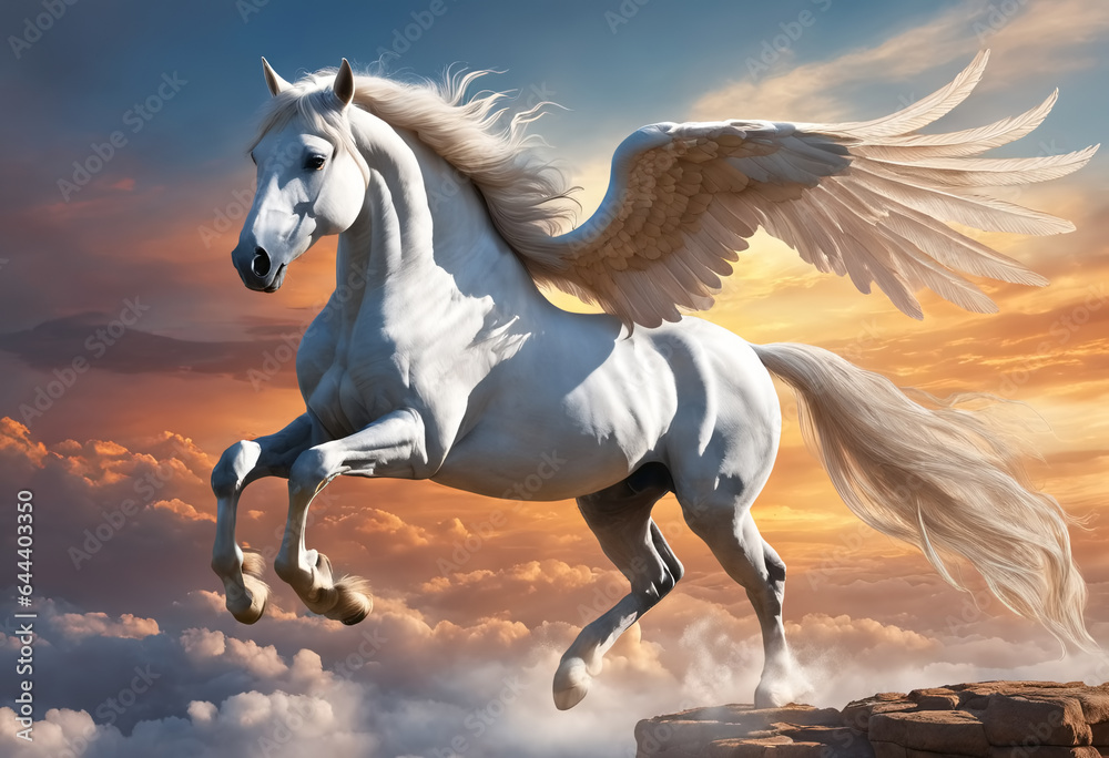 Flying horse with wings white pegasus. Generative AI Flying horse with wings white pegasus. Generative AI