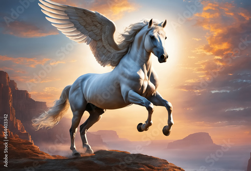 Flying horse with wings white pegasus. Generative AI © Sergey Ilin