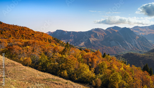 Panorama mountain autumn landscape, blue sky