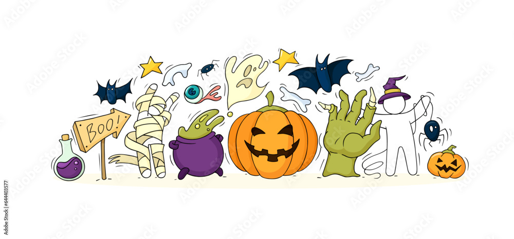 Halloween banner with doodle pumpkin, ghosts, bats
