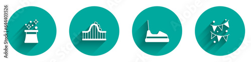 Set Magician hat, Roller coaster, Bumper car and Carnival garland with flags icon with long shadow. Vector
