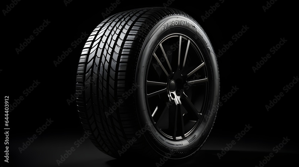 Car tire isolated on black background, Modern high-performance sport summer tyre isolated on a black background.