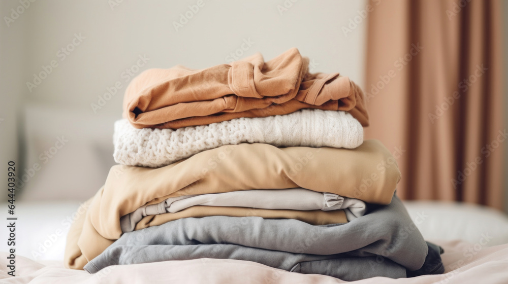 A stack of colored clothes lies on the bed A stack of colored clothes lies on the bed