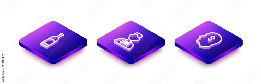 Set Isometric line Bottle of wine, Casino dealer and Lucky player icon. Vector Set Isometric line Bottle of wine, Casino dealer and Lucky player icon. Vector