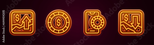 Set line Financial growth increase, Casino chip with dollar, Online sports betting and decrease. Glowing neon icon. Vector