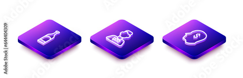 Set Isometric line Bottle of wine, Casino dealer and Lucky player icon. Vector