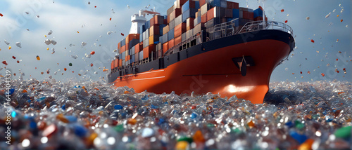 Ein Kontainerschiff fährt über einen Ozean voller Plastikmüll. Umweltverschmutzung ungeahnten Ausmaßes.