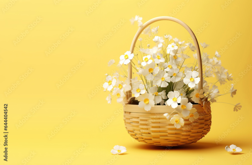 White plastic flowers in wooden basket on yellow spring background