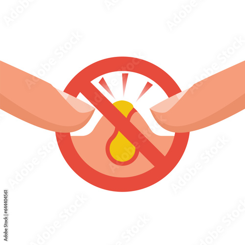 Two fingers squeeze a pimple. Acne icon. Pimple on the skin. Diseases on the skin. Vector illustration flat design. Isolated on white background.