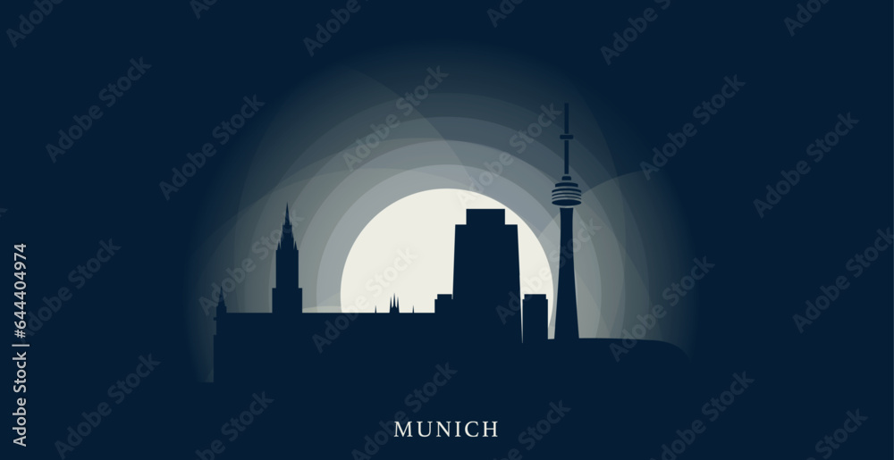 Germany Munich cityscape skyline capital city panorama vector flat modern banner illustration. Bavaria region emblem idea with landmarks and building silhouettes at sunrise sunset night - obrazy, fototapety, plakaty 