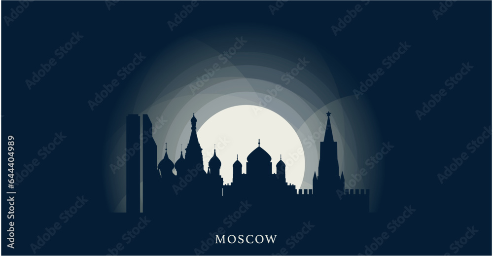 Russia Moscow city cityscape skyline panorama vector flat modern banner art. Russian capital emblem idea with landmarks and building silhouettes at sunrise sunset night