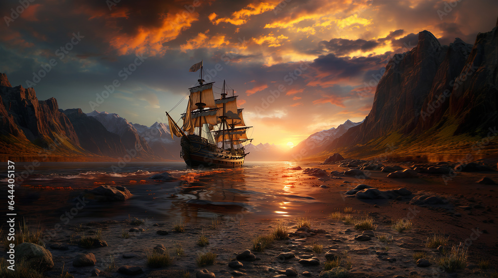 Sailing Ship Sailing Through The Strait Between The Rocky Islands. The Sunset Illuminates The Sails Of The Ship And The Rocky Shores. Generative AI