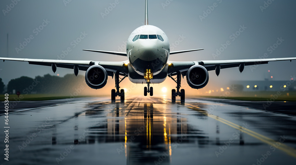 Commercial airliner or jet airplane, taking of during a storm in the rain. Concept of bad weather flying, delays and cancelled flights. Shallow field of view with copy space. - obrazy, fototapety, plakaty 