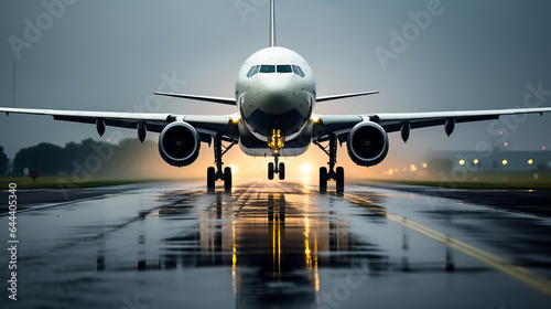 Commercial airliner or jet airplane, taking of during a storm in the rain. Concept of bad weather flying, delays and cancelled flights. Shallow field of view with copy space.