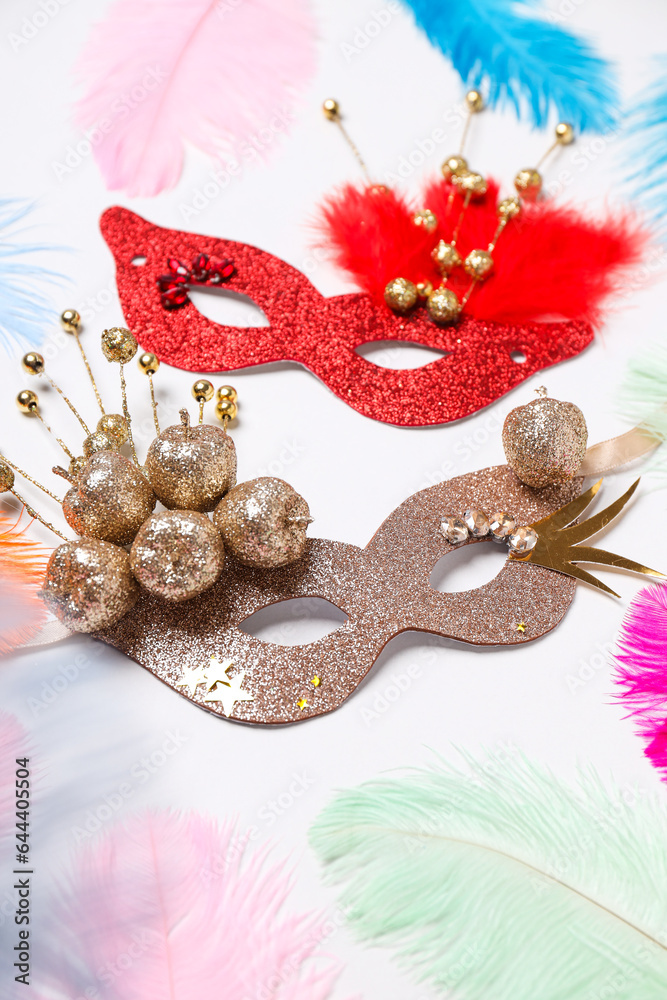 Carnival masks and feathers on white background