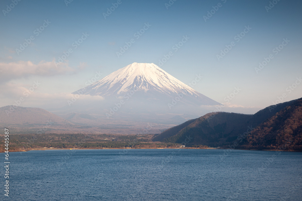 Mount Fuji and Lake Motosuko. Fuji-Hakone-Izu National Park, Japan.