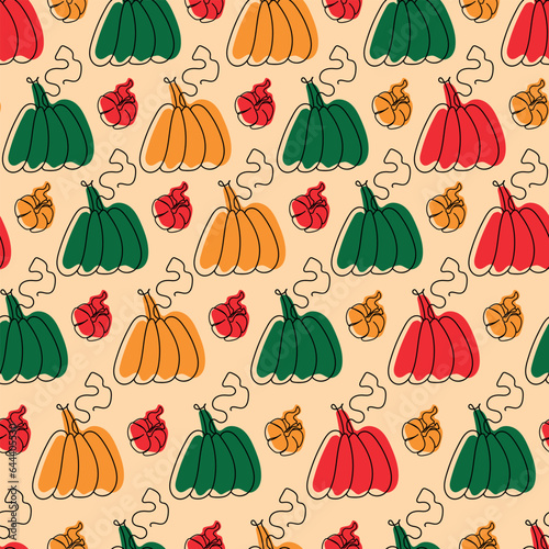 Seamless pumpkin pattern. halloween or thanksgiving day patterns. Red orange and green vegetables.