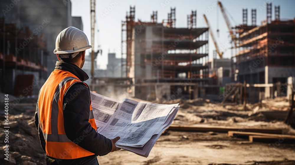 Structural engineer and foreman worker with touch pad discuss, plan working for the outdoors building construction site.