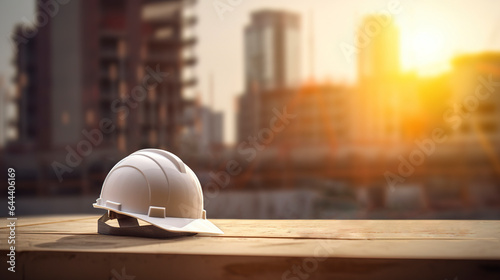 Construction house. Repair work. A white helmet lies on a board against the background of a construction site.