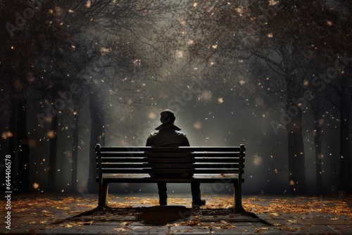a man sitting on bench in the park at night time