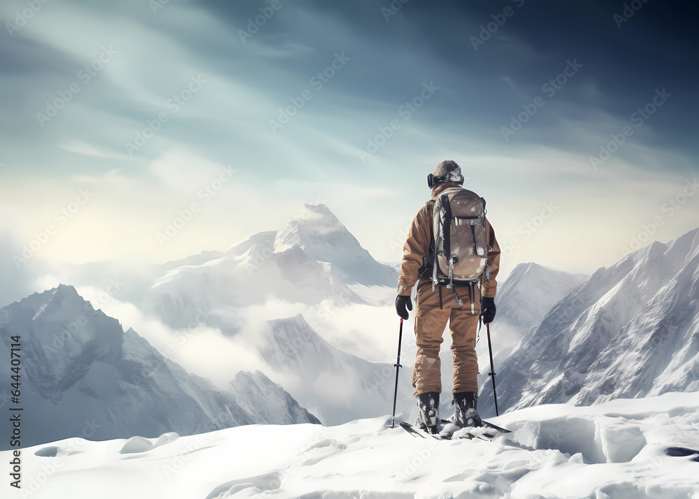 Skifahrer, Schneewanderer auf Berggipfel in verschneiter alpiner Landschaft, erstellt mit generativer KI