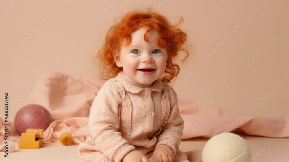 Sweet baby with red hair posing against a light studio backdrop, playing with toys. Generative AI Sweet baby with red hair posing against a light studio backdrop, playing with toys. Generative AI