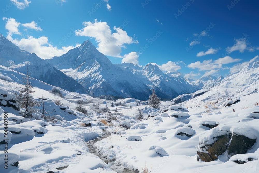 beautiful snowy landscape with the mountains