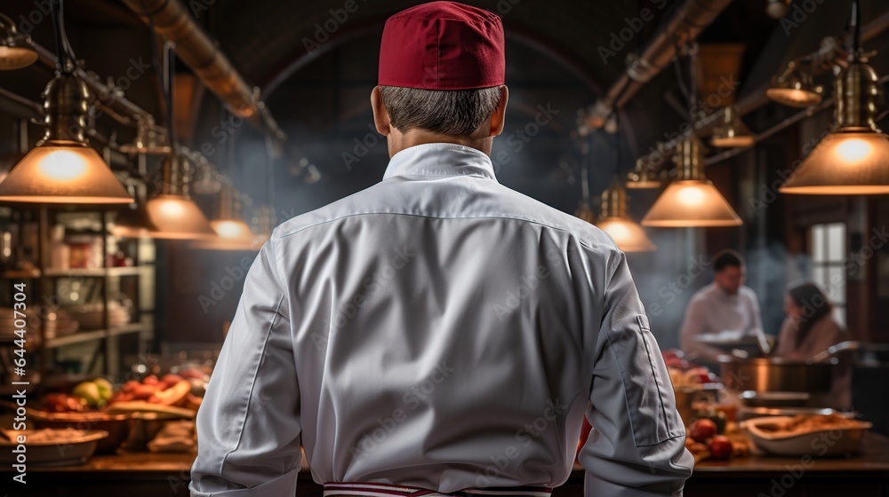 Obraz premium Chef in white uniform monitors the degree of roasting and greases
