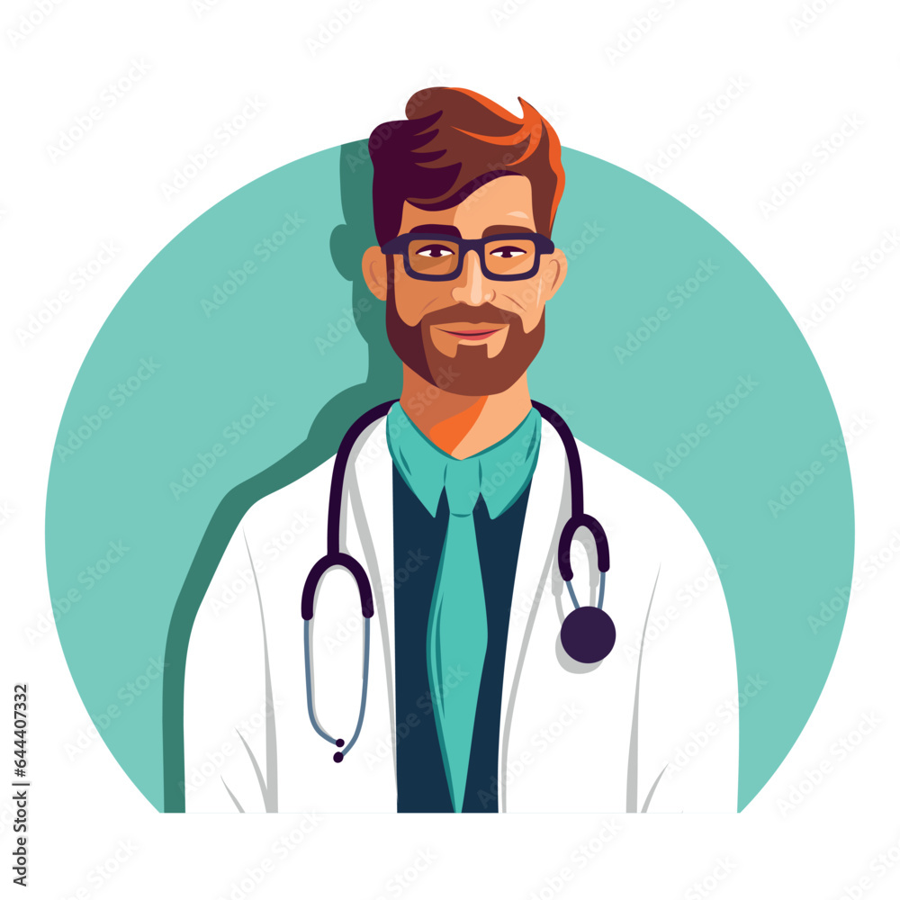 Vector illustration flat vector icon male avatar doctor in a gown, glasses and with a stethoscope on a blue background, holiday medical worker's day, medicine, health Vector illustration flat vector icon male avatar doctor in a gown, glasses and with a stethoscope on a blue background, holiday medical worker's day, medicine, health