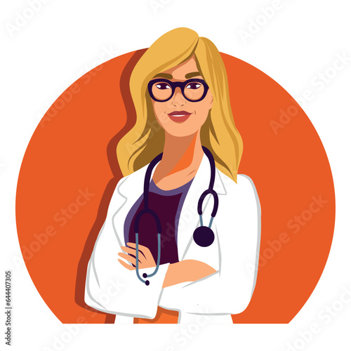 Vector illustration flat vector icon blond woman avatar doctor in a gown, glasses and with a stethoscope on an orange background, a holiday medical worker's day, medicine, health