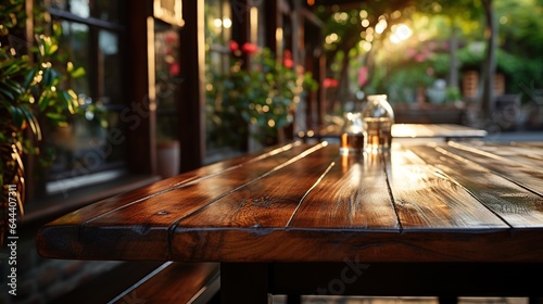Empty outdoor restaurant table inside window