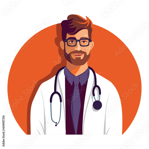Vector illustration flat vector icon male avatar doctor in a bathrobe, glasses and with a stethoscope on an orange background, holiday medical worker's day, medicine, health