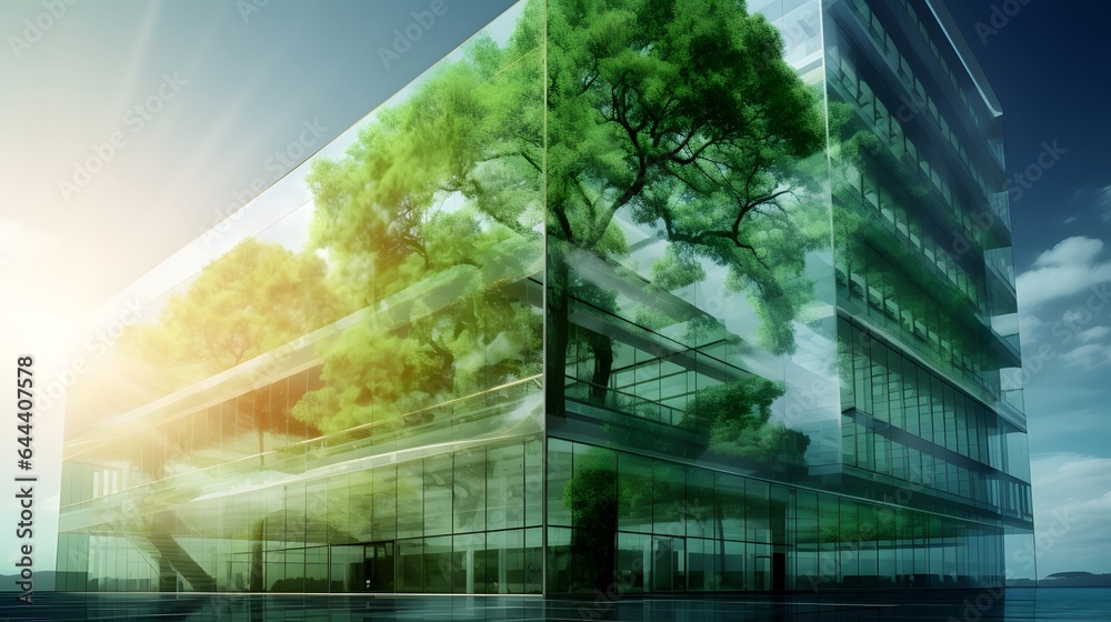 Eco-friendly building. Sustainable glass office building with tree for reducing carbon dioxide. Office with green environment.