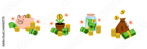 Cartoon money. Different green different dollar banknotes, golden coins. Piggy bank, credit card, jar and wallet. Bank symbols. Investment earnings and income. Finance business stickers, vector set