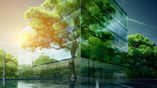 Eco-friendly building. Sustainable glass office building with tree for reducing carbon dioxide. Office with green environment. © Lucky Ai