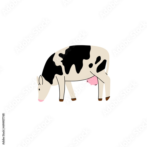 Farm animal. Black cow, Hand drawn funny contemporary drawing livestock, milk and meat, standing mammal, cartoon flat isolated vector illustration