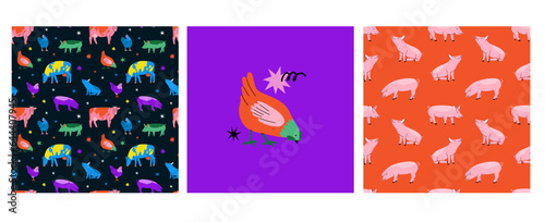 Abstract farm animal pattern. Cows different breeds, pigs and hens. Hand drawn funny contemporary drawing livestock, milk and meat, standing mammal, cartoon flat isolated vector modern background