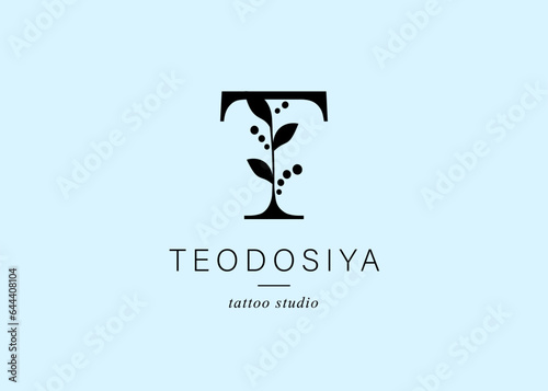 Logo, capital letter t. Monogram of Botanical Minimalistic with natural plant.