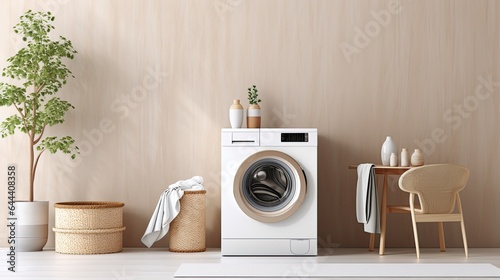 Interior of modern laundry room with washing machine, basket and towels