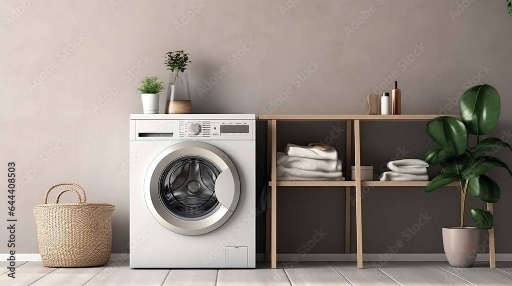 Interior of modern laundry room with washing machine, basket and towels - obrazy, fototapety, plakaty 