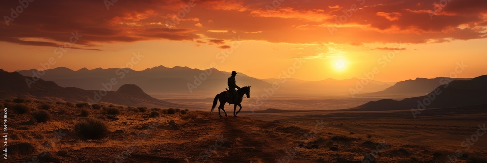 landscape, Bold cowboy silhouette on horseback - obrazy, fototapety, plakaty 