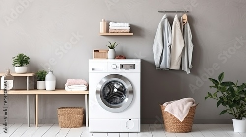 Interior of modern laundry room with washing machine, basket and towels