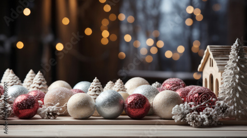Colorful Christmas paraphernalia on a wooden background on the table