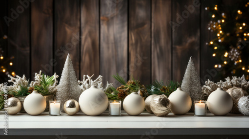 Colorful Christmas paraphernalia on a wooden background on the table