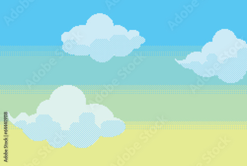 ドット絵のシンプルな入道雲と青空の背景イラスト素材