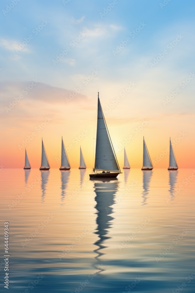 landscape, The serene silhouette
  of a row of sailboats on a calm