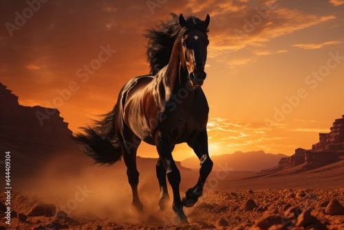 landscape, The powerful silhouette of a wild horse running across